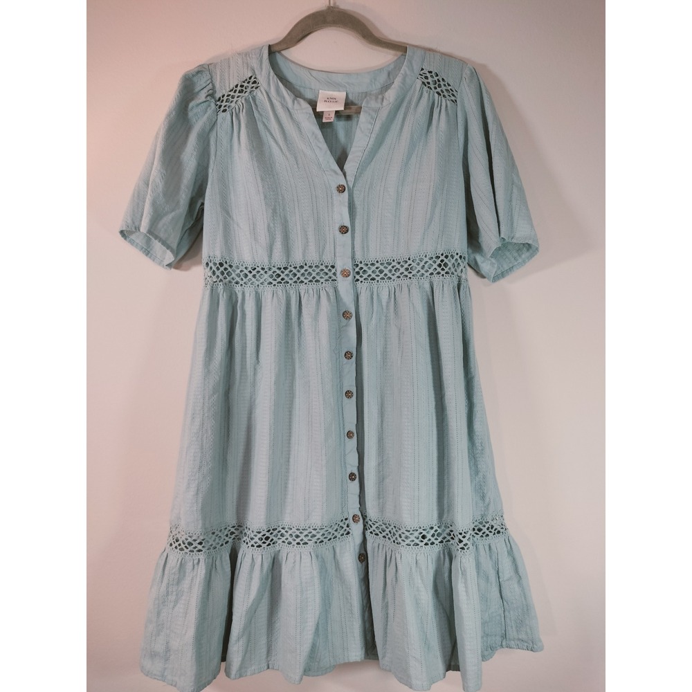 Knox Rose Women Light Blue Cotton Crochet Lace Tiered Button Front Mini Dress